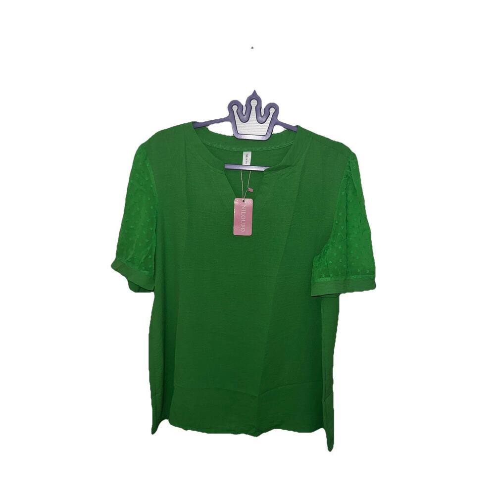 Nitoufo Women's Green Blouse Short Sleeve Textured Sheer Sleeves Size XL New